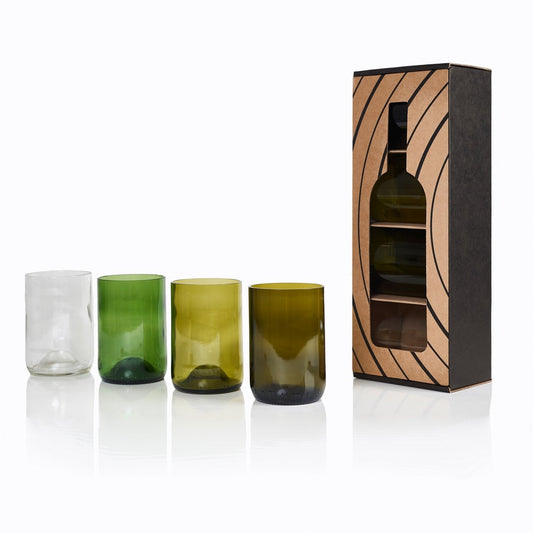 Upcycle glazen cadeauset van gerecyclede wijnflessen 4 kleuren