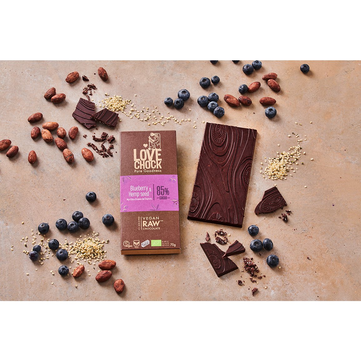 Vegan Chocolade Blueberry & Hemp seed 85% BIO